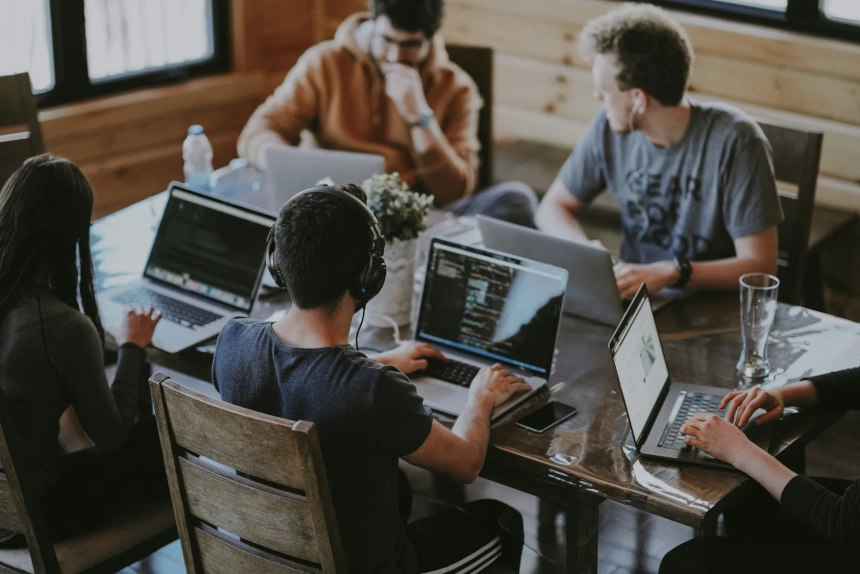 A diverse team of marketing professionals collaborating in a modern office.